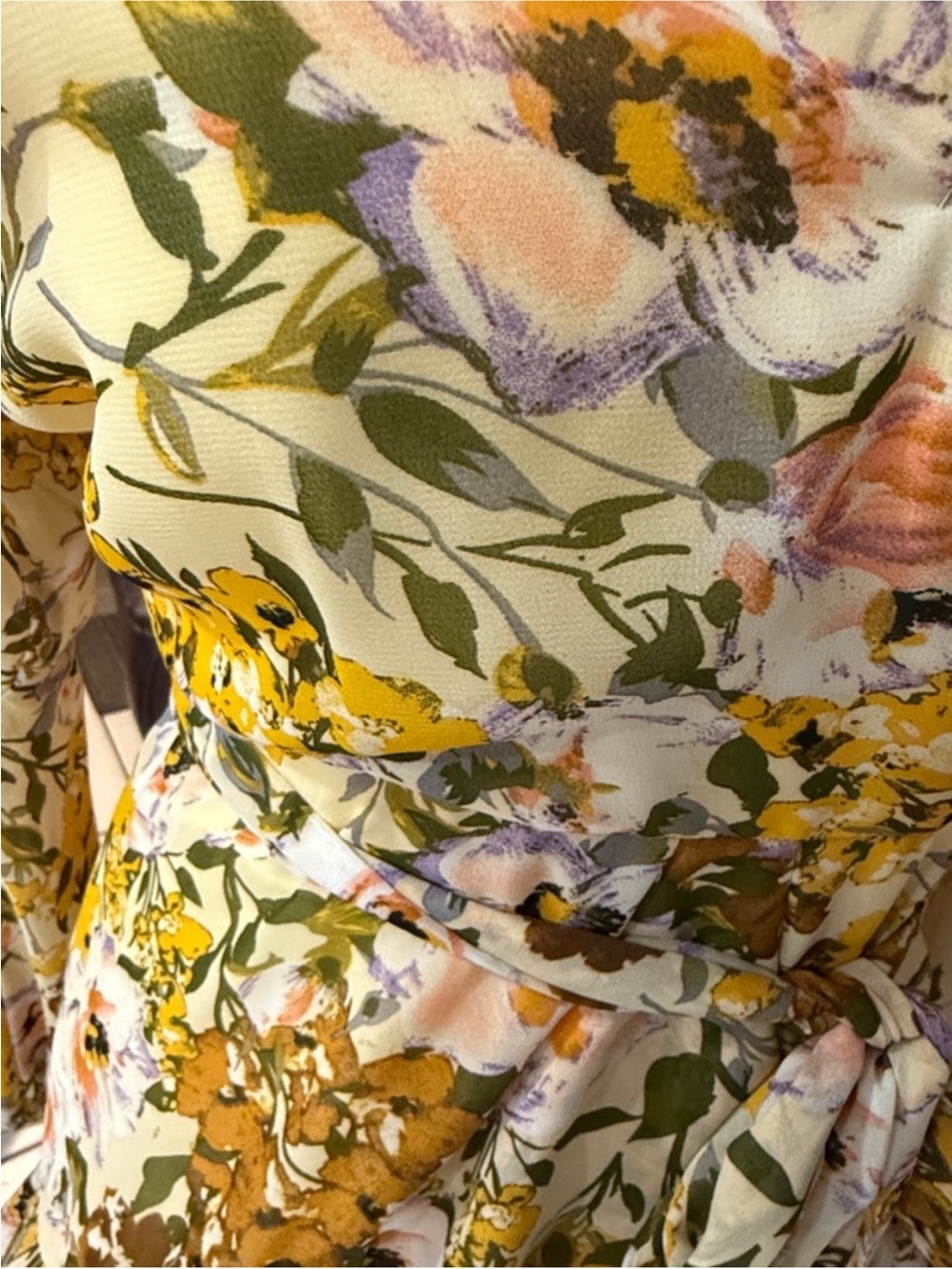Luxxel Floral Wrap Long Sleeve Mini Dress in Mustard and Cream - Picture 4 of 7